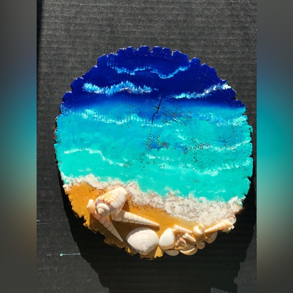 Beach Acrylic Artwork on Wood Slice - Picture 7 of 9